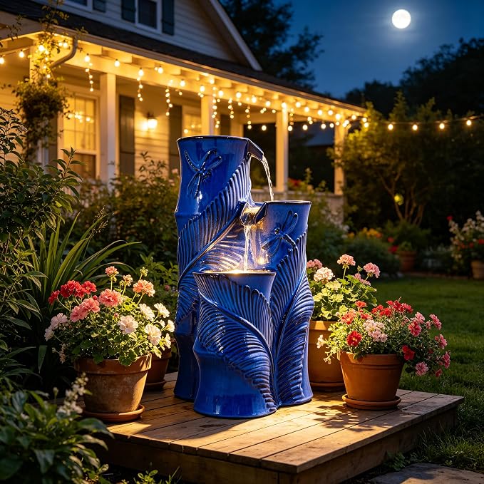Autodaya 25.5" Ceramic Outdoor Water Fountain with LED Lights, Bamboo-Style | Unique Cobalt Blue Natural Leaf Dragonfly Texture Water Feature, 3-Tier Cascading Waterfall for Garden Patio Yard Relax Oasis