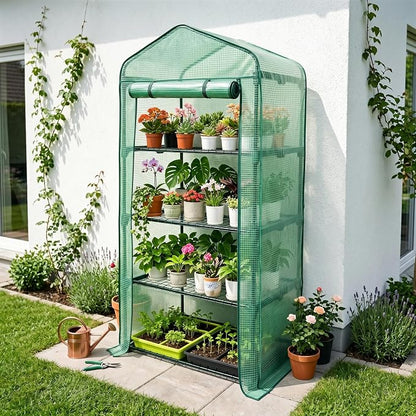 Worth Garden 4 Tier Mini Greenhouse - 63'' H x 27'' L x 19'' W - Sturdy Portable Gardening Shelves with Durable PE Cover w/ Roll-Up Zipper Door- Small Green House Indoor & Outdoor for Plants Flowers