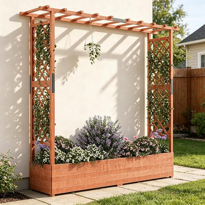 Patikuin 72" Elevated Wooden Raised Garden Bed with Trellis & Canopy, Freestanding Planter Box with Side Supports & Drainage Holes, Large Vertical Planter for Climbing Plants, Vines, Flowers, Patio