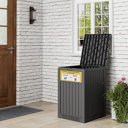 Outdoor Package Delivery Box with Lockable Secure and Sign, Resin Waterproof Outdoor Package Drop Container for Backyard, Garden, Patio & Lawn, Black with Sign