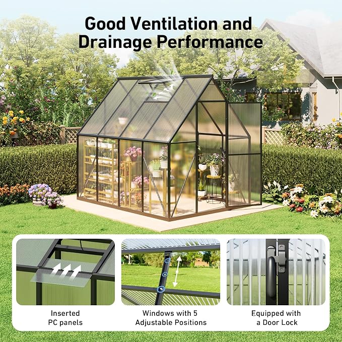 6x8 FT Greenhouse with Hygrometer, Greenhouses for Outdoors with Heavy Duty Aluminum Frame, Quick Setup Plant Gardening Green Houses for Outside with Lockable Door & Vented Roof Window