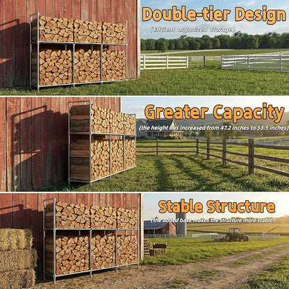 8ft Heavy Duty Tall Firewood Rack with Dual-Tier Structural Design | Constructed with Galvanized Steel Pipes and Featuring a Firewood Rack Cover,Load-bearing Capacity 4,800 lbs,Indoor/Outdoor