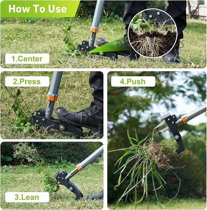 GASREKV Weed Puller Tool, 4-Claw Steel Head Stand Up Weeder, 39"-46" Adjustable Handle & Easy Eject, Root Weed Remover for Dandelion, Thistle & Crabgrass, No Bending