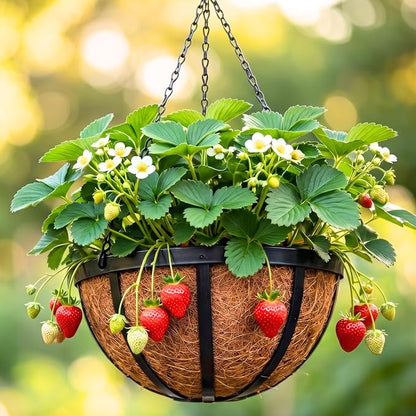 LaLaGreen Outdoor Hanging Baskets for Plants (12 Inch, 2 Pack) Medium Black Hanging Planters with Coco Liner, Metal Flat Iron Flower Pots for Deck Patio Porch Modern Garden Balcony Outside Decoration