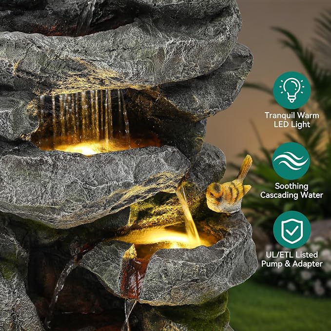 31.5" Multi-Tier Rock Outdoor Water Fountain with LED Lights, Cascading Waterfall with Birds for Garden Patio Porch, Weather-Resistant Resin Water Feature for Tranquil Oasis