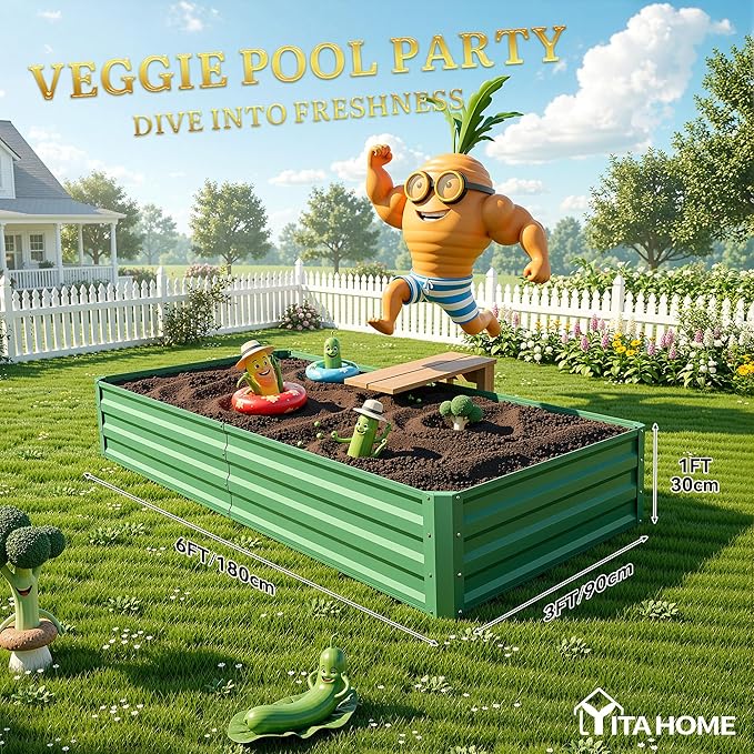 YITAHOME 4pcs 6x3x1ft Galvanized Raised Garden Bed, Metal Planter Box with Safety Rubber, Gloves, Outdoor Flower Bed for Planting Plants Vegetables, Green