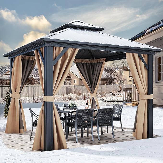 YITAHOME 10x10ft Hardtop Gazebo with Nettings and Curtains | Heavy Duty Double Roof Galvanized Steel Outdoor Combined of Horizontal Vertical Stripes Roof for Patio, Backyard, Deck, Lawn