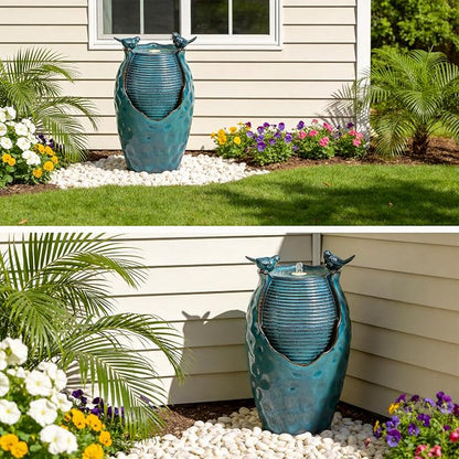 25" H Jar Ceramic Outdoor Fountain with Birds, Relaxing Water Feature | High-Fired Turqupise Glaze and Hammered Texture, Bird-Friendly Garden Fountain, Trickling Water Flow for Garden, Patio, Yard