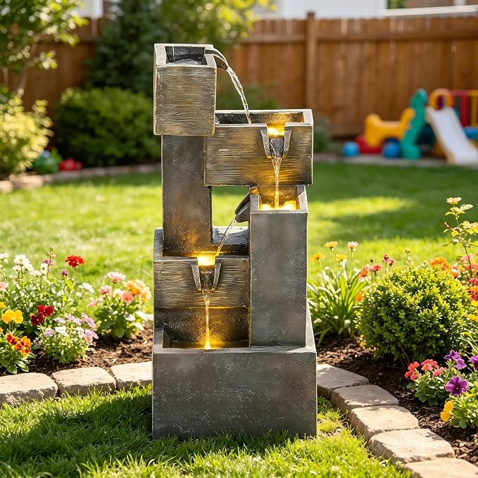 AUTODAYA 32.5" 5-Tier Stacked Blocks Fountains LED Cascading Waterfall | outdoor modern concrete texture, garden patio deck backyard,Porch or Home Décor