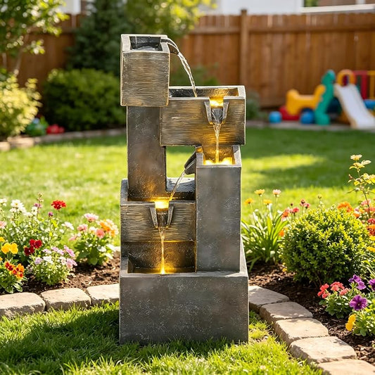 AUTODAYA 32.5" 5-Tier Stacked Blocks Fountains LED Cascading Waterfall | outdoor modern concrete texture, garden patio deck backyard,Porch or Home Décor
