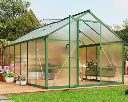 8x12 ft Walk-in Greenhouse, Polycarbonate Panels with Reinforced Aluminum Frame, Large Garden Green House for Planting and Seed Starting, Quick-Assembly Structure with Adjustable Roof Vent