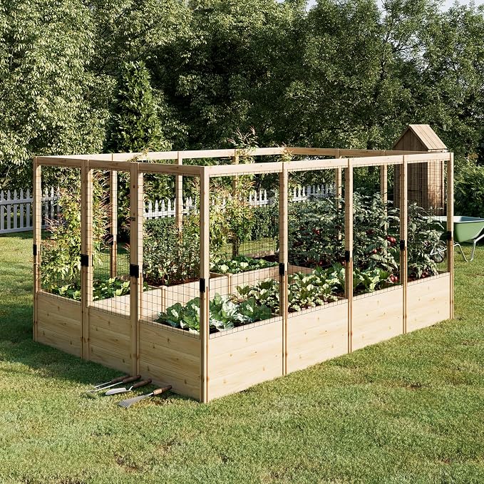 PaPaJet Wooden Raised Garden Bed for Outdoor, Deep Large Planter Box with Netting for Gardening, Vegetables, Flowers, Herbs（7.5× 11.8× 5.9FT）