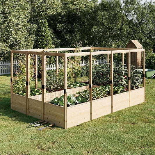 PaPaJet Wooden Raised Garden Bed for Outdoor, Deep Large Planter Box with Netting for Gardening, Vegetables, Flowers, Herbs（7.5× 11.8× 5.9FT）