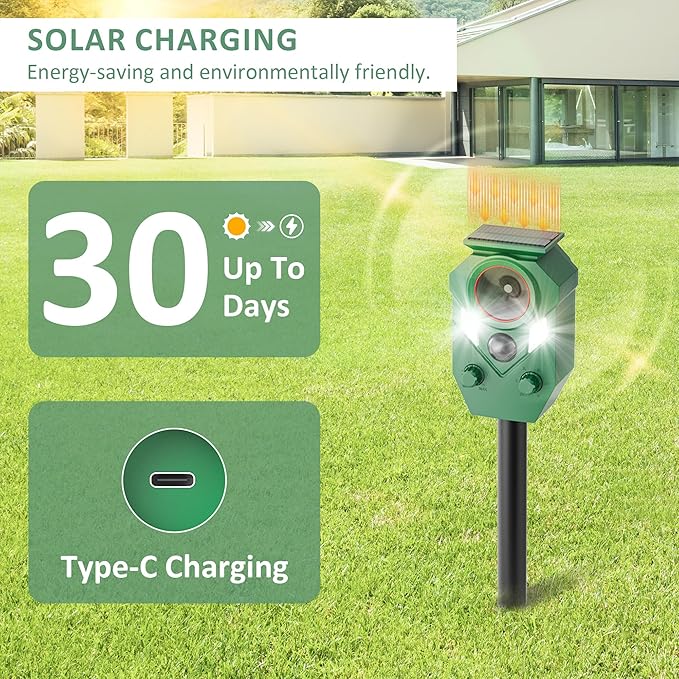4-Pack Solar Powered Ultrasonic Animal Repeller, Outdoor Waterproof Deer Squirrel with Motion-Activated Sensor Strobe Light, for Cats, Raccoons, Skunks, Rabbits and More