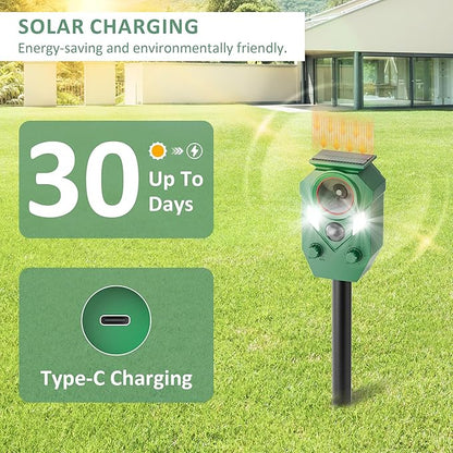 4-Pack Solar Powered Ultrasonic Animal Repeller, Outdoor Waterproof Deer Squirrel with Motion-Activated Sensor Strobe Light, for Cats, Raccoons, Skunks, Rabbits and More