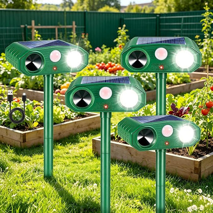 4 Pack Deer Repellent Devices,Ultrasonic Cat Repellent Outdoor Solar Animal Repeller for Squirrel Racoon Rabbit Fox Dog Skunk,Flashing Light IP65 Waterproof Motion Sensor Animal Deterrent for Garden