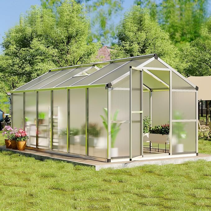 8x12 FT Greenhouse, Greenhouses for Outside, Polycarbonate Greenhouse with Aluminum Frame, Lockable Door and Ajustable Roof Vent for Backyard, Green Houses for Outside Garden Backyard, Patio