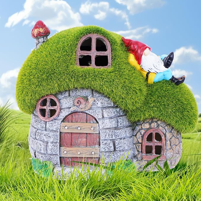 House Garden Statues with Solar Lights, LED Cute Flocked Fairy House with Gnomes Garden Figurine, Outdoor Patio Yard Lawn Decorations Gift