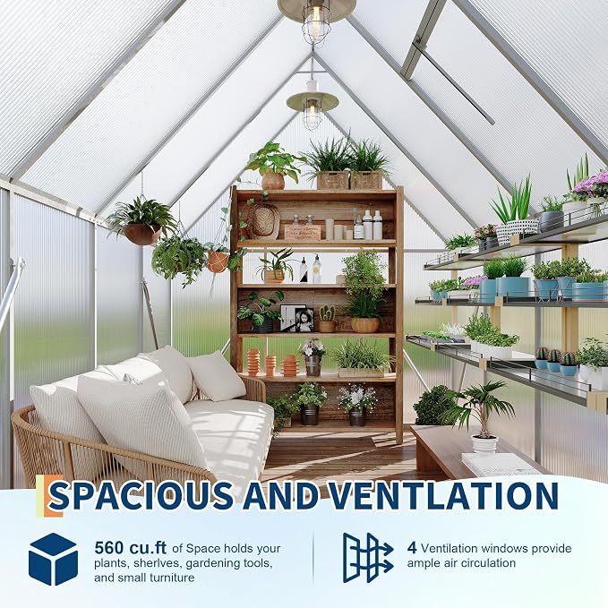 CABIHOME 8x12 FT Outdoor Greenhouse, Polycarbonate Greenhouse with Roof Vent and Ground Nails, Aluminum Large Walk-in Green House w/ Lockable Push Door for Outdoor Garden (Silver, 6x7 FT)