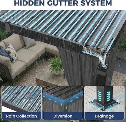 12' x 16' Louvered Pergola, Aluminum Frame Outdoor Pergola with Curtains & Netting, Adjustable Louvered Roof & Integrated Gutter System, Hardtop Patio Gazebo for Backyard, Patio, Garden, Dark Gray