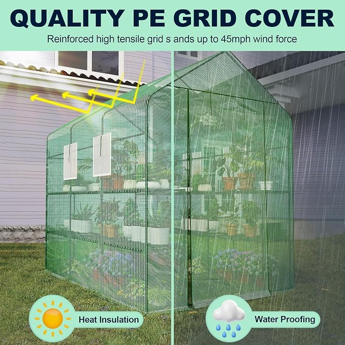 Greenhouse, 57 x 85 x 77'' Greenhouses for Outdoors, with Mesh Side Windows, PE Cover, 8 Shelves, Heavy Duty Walk in Green House for Backyard Garden Indoor, Green