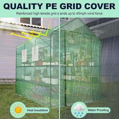 Greenhouse, 57 x 85 x 77'' Greenhouses for Outdoors, with Mesh Side Windows, PE Cover, 8 Shelves, Heavy Duty Walk in Green House for Backyard Garden Indoor, Green