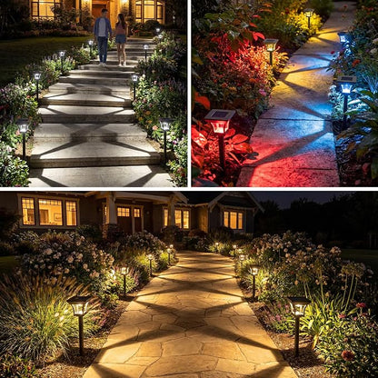 CINOTON 24 Pack RGBCW Solar Pathway Outdoor Lights, 3 Lighting Modes Solar LED Garden Lights, IP65 Waterproof Outside Solar Powered Landscape Lighting for Planter Lawn Pool Balcony RGB/Warm/Cold White
