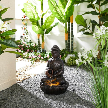 Glitzhome Zen-Style 2-Tiered Buddha Statue Polyresin Outdoor Decoration with Pump and LED Light, 20.5" H