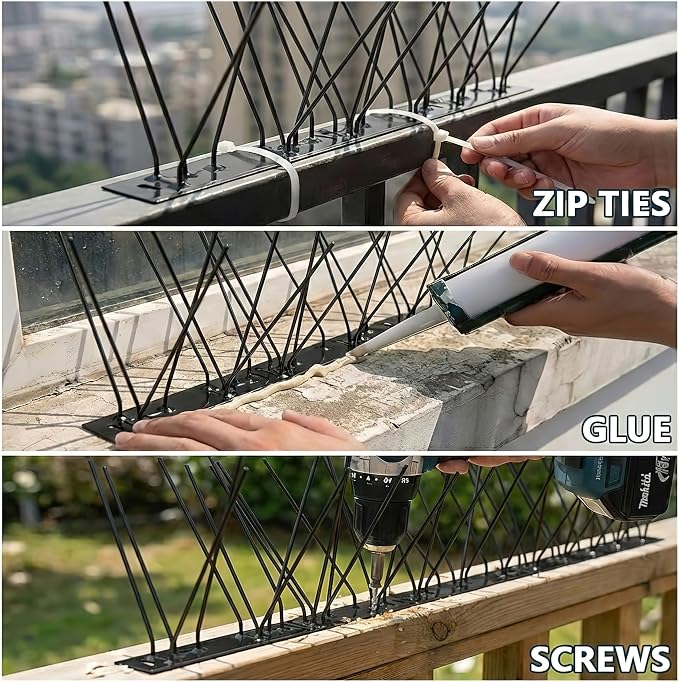 Stainless Steel Bird Spikes for Pigeons,Pre-Assembled,Anti Bird Deterrent Spikes for Woodpeckers, Squirrels, Raccoons，Weatherproof Fence Spikes for Roof, Railing,Patio, Black, 9.84 Feet