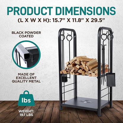 SereneLife Heavy Duty Firewood Rack Holder, Metal Log Storage Organizer with Shelves & Fireplace Tools, Black Powder Coated Wood Stacker for Indoor Fireplace, Outdoor Patio, Deck, Backyard