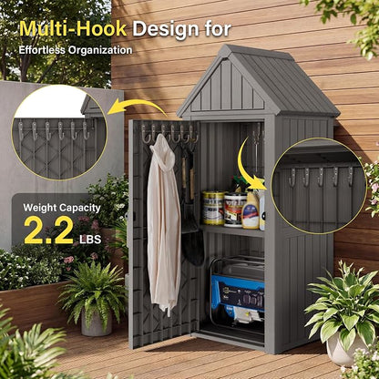 Bifanuo Deck Box Storage Shed Outdoor Storage Cabinet, Vertical Waterproof Resin Material Plastic Shed with Removable Shelves, 12 Hooks and Lock Ring for Garden, Pool and Patio (Classic Grey)