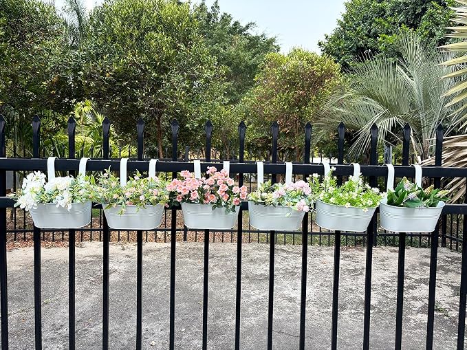 12" Balcony Railing Planters, Outdoor Hanging Planter for Fence, Stylish Metal Porch Deck Flower Pot for Herbs & Succulents (White, Pack of 6)