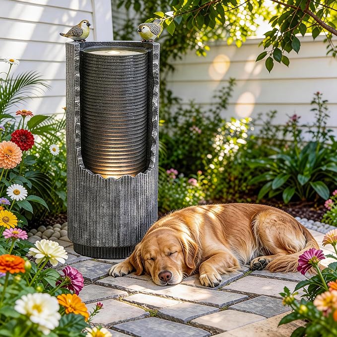 Autodaya Outdoor Water Fountain 32" Distressed Fluted Column with Lights | polyresin concrete-inspired water feature with bird sculpture, gentle cascading flow for garden, patio, deck or yard oasis