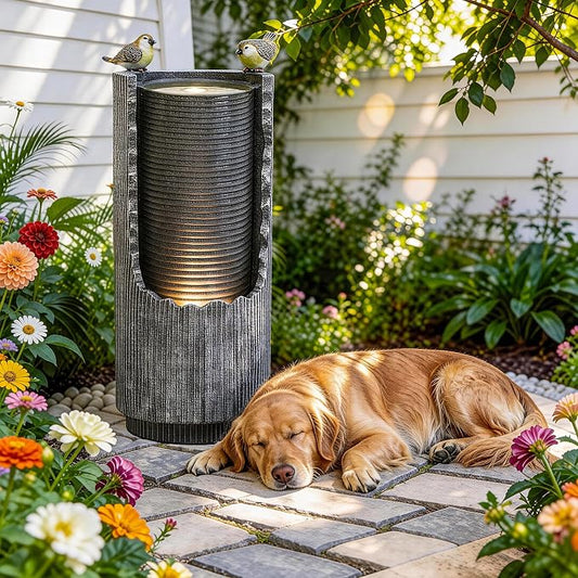 Autodaya Outdoor Water Fountain 32" Distressed Fluted Column with Lights | polyresin concrete-inspired water feature with bird sculpture, gentle cascading flow for garden, patio, deck or yard oasis