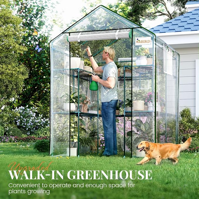 KING BIRD Premium Greenhouse for Outdoors, 56x56x77 in Walk-in Hot House with Thickened Cover, Reinforced Frame, Screen Windows & Mesh Door, 3 Tiers 14 Shelves for Outside Garden Seedlings, Clear