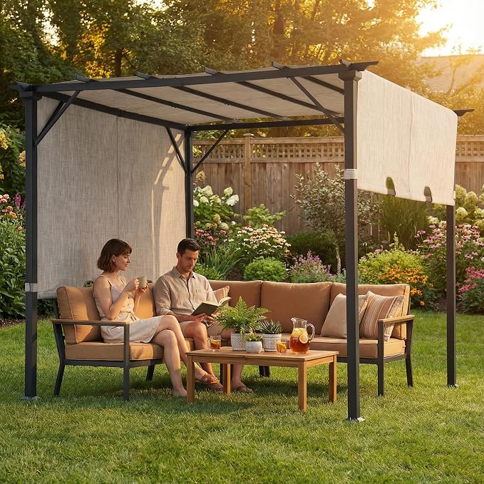 Sunjoy 9 x 9 ft. Pergola, Outdoor Patio Matte Black Steel Classic Frame Pergola with Retractable White Canopy Shade for Backyard, Garden Activities, Light Gray