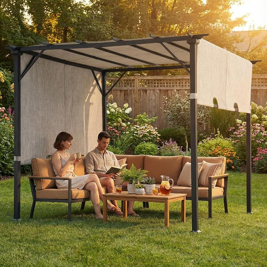 Sunjoy 9 x 9 ft. Pergola, Outdoor Patio Matte Black Steel Classic Frame Pergola with Retractable White Canopy Shade for Backyard, Garden Activities, Light Gray