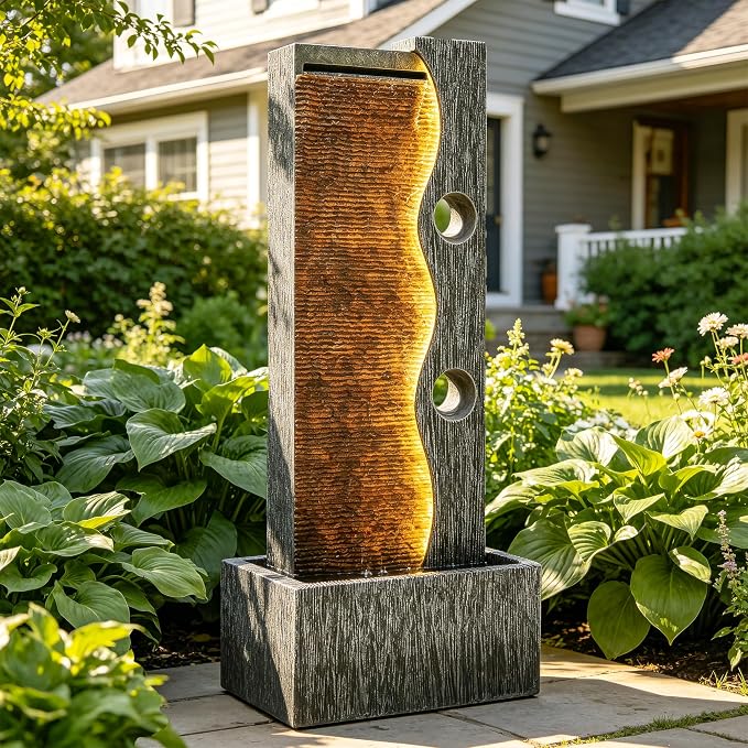39.4" Zen Faux Slate Outdoor Water Fountain LED Cascading Waterfall | Polyresin Stone faux slate texture, patio backyard garden, Deck or Porch, Housewarming Gift