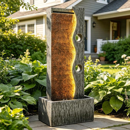 39.4" Zen Faux Slate Outdoor Water Fountain LED Cascading Waterfall | Polyresin Stone faux slate texture, patio backyard garden, Deck or Porch, Housewarming Gift