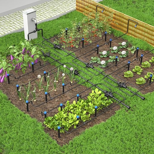 Bonviee 230FT Drip Irrigation System, 33FT 5/16" Mainline, Quick Connect | 33FT 5/16" and 197FT 1/4" Tubing. Garden watering System for Raised Beds, Greenhouses. 70% Water Savings. GRS Certified.