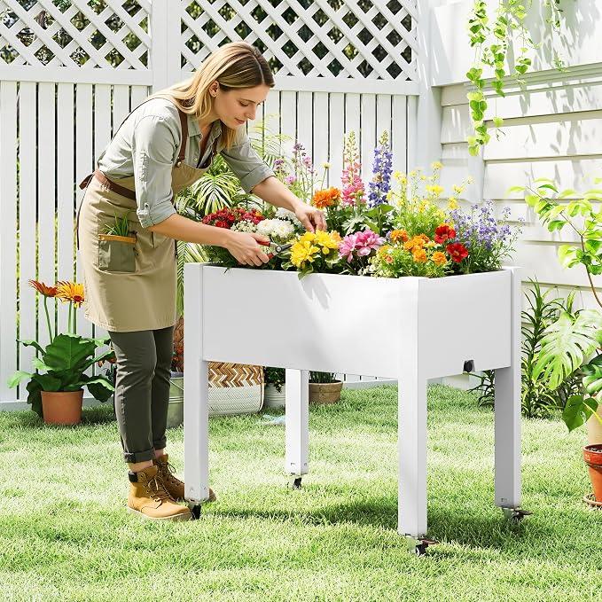 Fancyango Raised Garden Bed with Wheels 26.3" H -Ashen | Resin Elevated Garden Planter Box with Drainage, Outdoor Planter Box for Veggies Herbs Patio Balcony Backyard