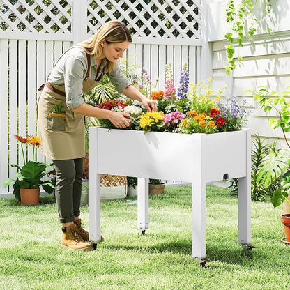Fancyango Raised Garden Bed with Wheels 26.3" H -Ashen | Resin Elevated Garden Planter Box with Drainage, Outdoor Planter Box for Veggies Herbs Patio Balcony Backyard