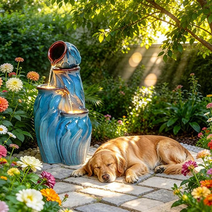 29" Ceramic Outdoor Fountain with Lights, 4-Tier Pots Waterfalls Patio Water Fountain, Tranquil Oasis for Relaxing Garden, Yard, or Porch Decor, Turquoise, Dynamic Wave-Texture