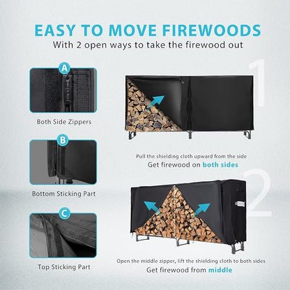 VIVOHOME 8ft Heavy Duty Indoor Outdoor Firewood Storage Log Rack with Cover Combo Set Black