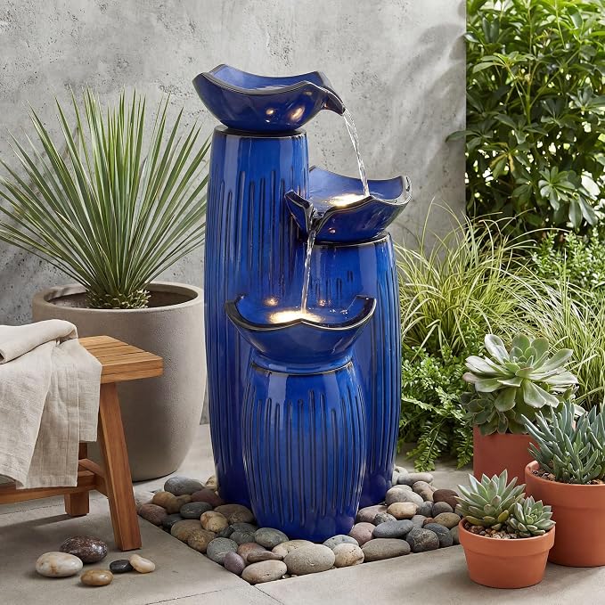 Autodaya 30"H Ceramic Water Fountain Outdoor, 3-Tier Geometric Lotus Design | Patio Fountain with Fluted Texture, Relaxing Cascading Waterfalls, Modern Water Feature for Garden Lawn Porch Yard Art Decor
