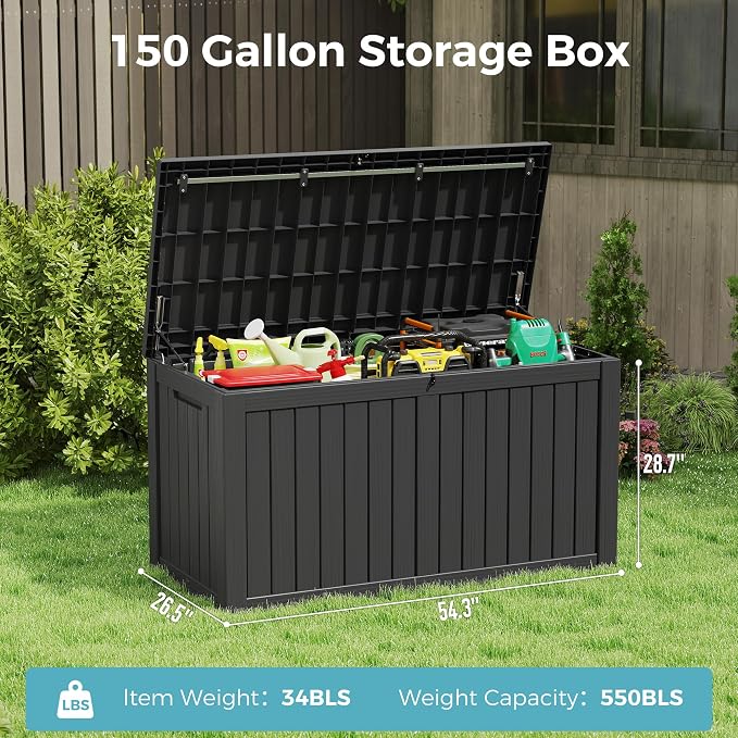 NUNU LAB 151 Gallon Outdoor Storage Box,Resin Large Sturdy Deck Box, Backyard Outside Storage Box Waterproof with Double Wall Panels,Package Delivery Garden Outdoor Hose Storage Bin,Black