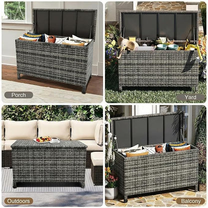 Wicker Deck Box, 125 Gallon All-Weather Outdoor Storage Box, Rattan Storage Bin for Patio Furniture, Outdoor Cushions, Pool Storage and Garden Tools, Grey