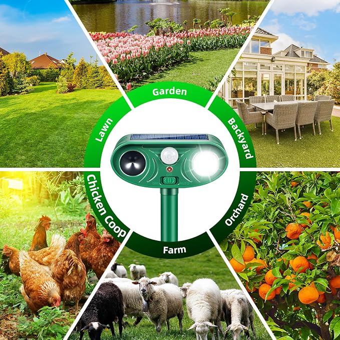 Solar Ultrasonic Animal Repellent 2 Pack,Motion Activated Deterrent for Deer, Cat, Squirrel, Raccoon, Rabbit & Bird, Waterproof Outdoor Animal Repeller with LED Strobe for Yard, Garden & Orchard