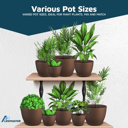 Planter Pots with Drainage Holes - Lightweight, Durable & Space-Saving Pots for Indoor and Outdoor - Versatile Functionality, Simple Modern Design, Set of 5 Plastic Planter Pots - Brown