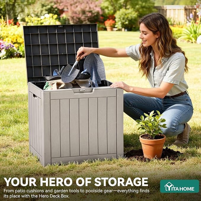 YITAHOME 30 Gallon Deck Box Outdoor Storage Box | Waterproof Resin Package Delivery and Storage Box with Lockable Lid for Patio Furniture Cushions, Pool Accessories, Garden